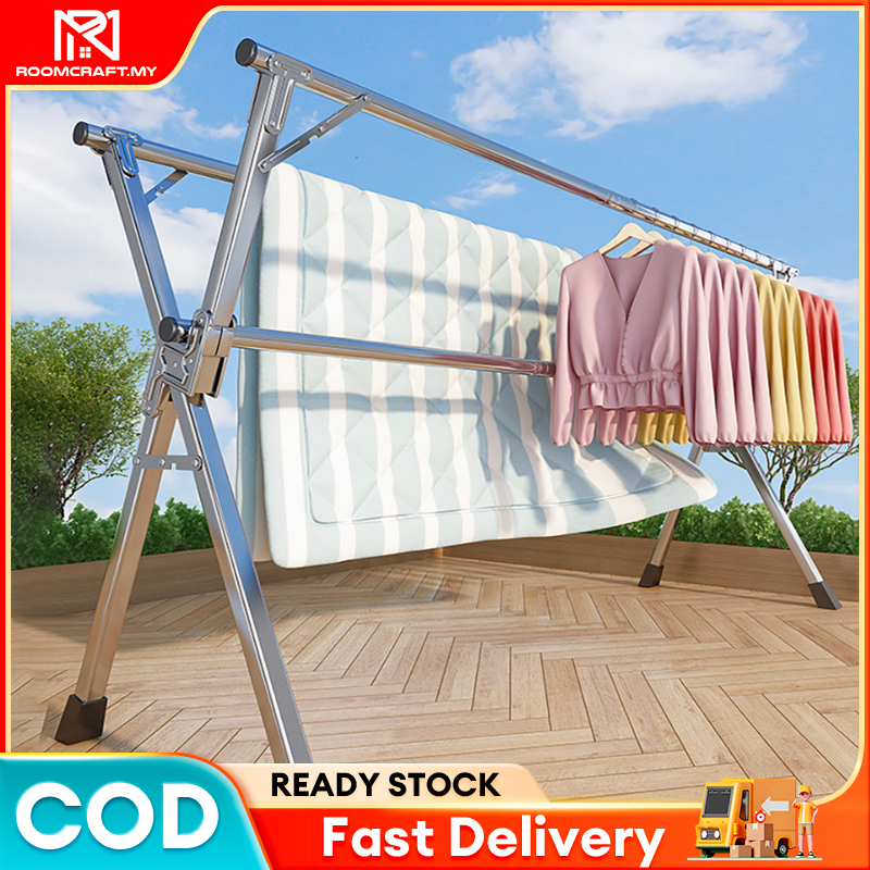 【Foldable/Extendable】Ampaian baju Stainless Steel 240cm double pole Cloth hanger/Cloth drying Rack/Penyidai Baju Rak 曬衣架