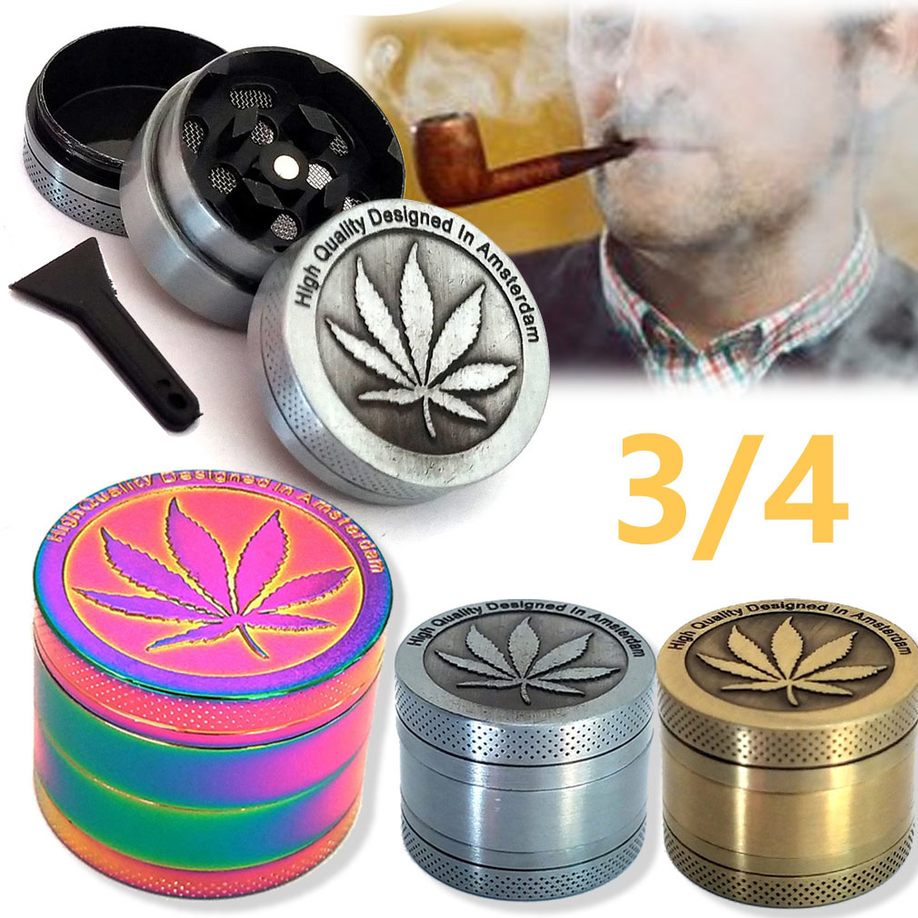 Leaf Metal Herb Tobacco Grinder 3/4 Layer with Pollen Trap without Scraper-Silver/Bronze/Rainbow