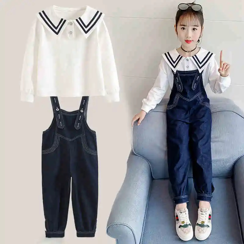 Kid's Set Clothing girl suit Long sleeve Blouse+ strap pants suit affordable new cute suit Korean fashion Pretty suit Ready Stock Fast Delivery