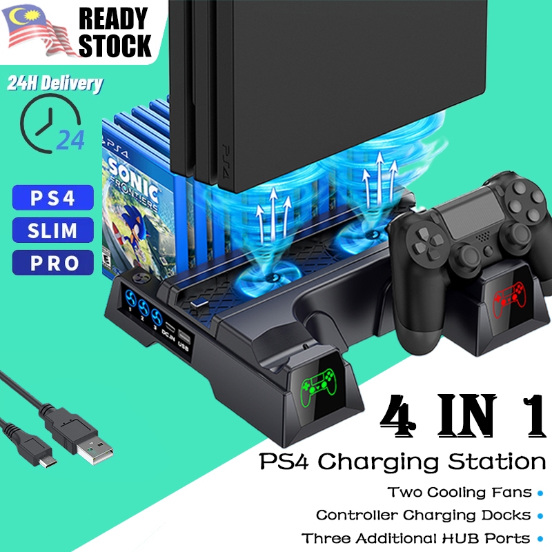 [MY Ready Stock] Fast charging station for PS4/PS4 Pro/PS4 Slim Console Vertical Cooling Stand LED Dual Charger PS4 Cooling Fan for Sony Playstation 4