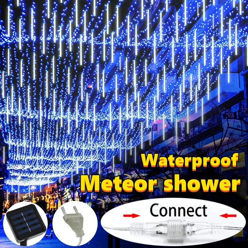 Ready StockLED Meteor Shower Rain Lights String Hari Raya lampu Solar/220V Meteor Light Outdoor Waterproof Indoor Halloween Christmas Holiday Home Garden Window Curtain Party Ramadhan Decoration Solar Light