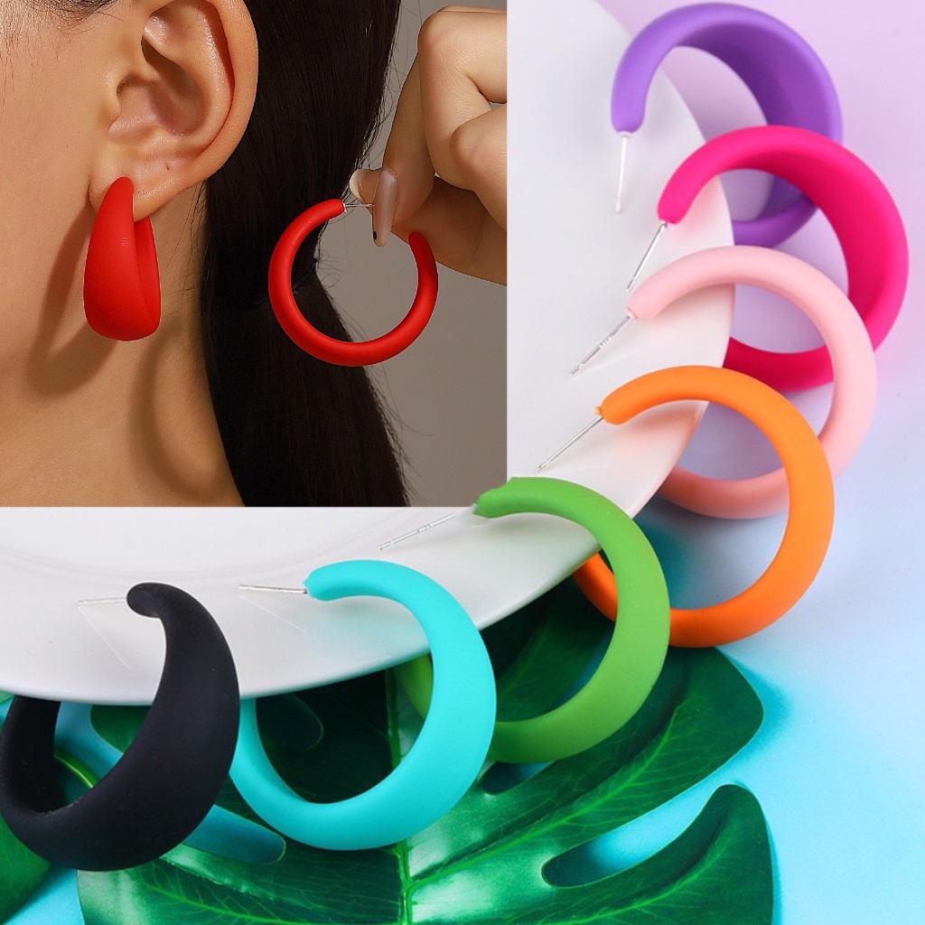 S925 Silver Needle Macaron Earrings Candy Color C Shape Simple Fashion Earrings Unique Design Exaggerated Earrings White, Black, Red, Rose Red, Yellow, Orange, Green, Dark Green, Blue, Purple