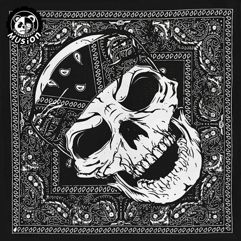 Musion Skull Cotton Black Bandana Retro Hip Hop Durag Harley Davidson Skull Mask Kain Key Vintage Square Scarf Motorcycle Bandana for Men