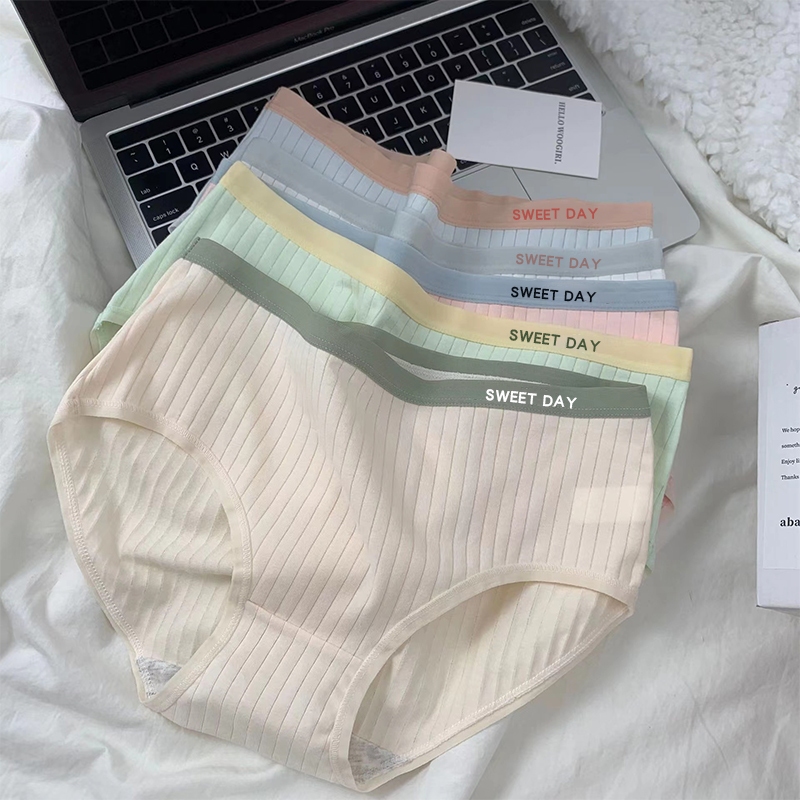 Macaron Solid Color Underwear Women Mid Waist Bag Hip Panties Breathable Cotton Crotch Briefs