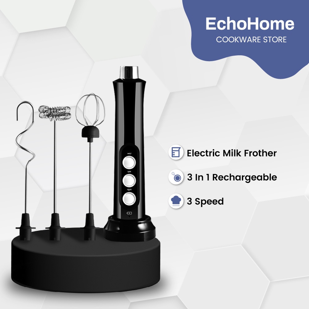 EchoHome 3 In 1 Portable Rechargeable Electric Milk Frother Foam Maker 3 Speed Drink Mixer