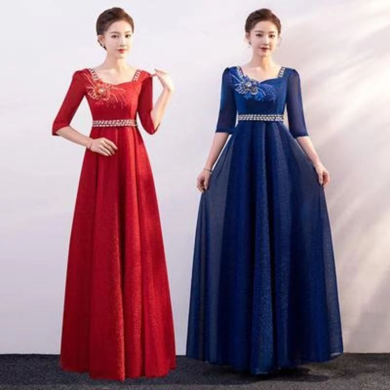 Muslimah Women Dresses Long plus size rok panjang pakaian jamuan Choir Performance Female 2023 New Adult Red Song Candidate Skirt Mid -Elderly