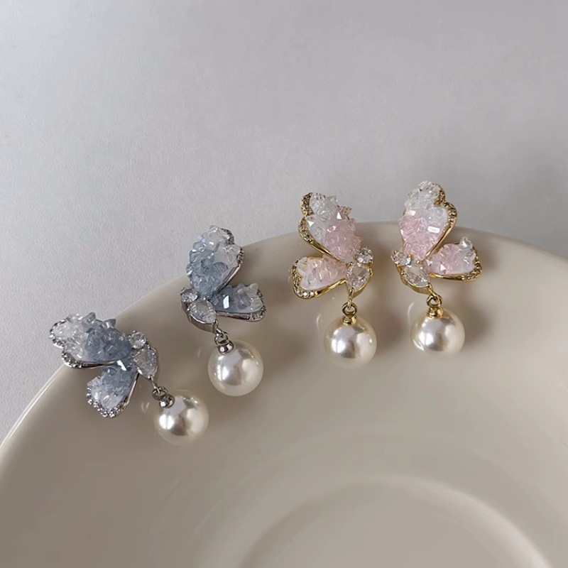 Blue Gradient Crystal Butterfly Earrings Design Sense niche Flower Earrings Women's Personalized Versatile Temperament Earrings