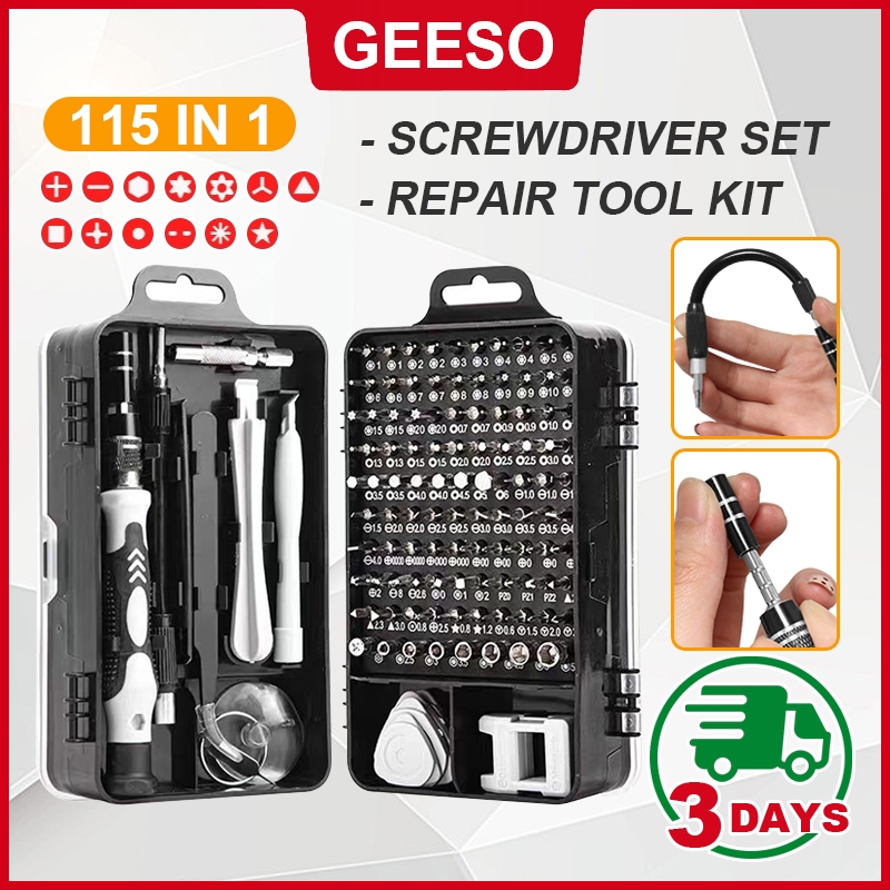 GEESO 115 in 1 Screwdriver Set Mini Magnetic DIY Repair Tool Kit Multifunction Tools Pemutar Skru Ketepatan Precision Screwdriver Kit Professional Mobile Phone PC Device Repair Kit 螺丝刀套装 维修工具套装