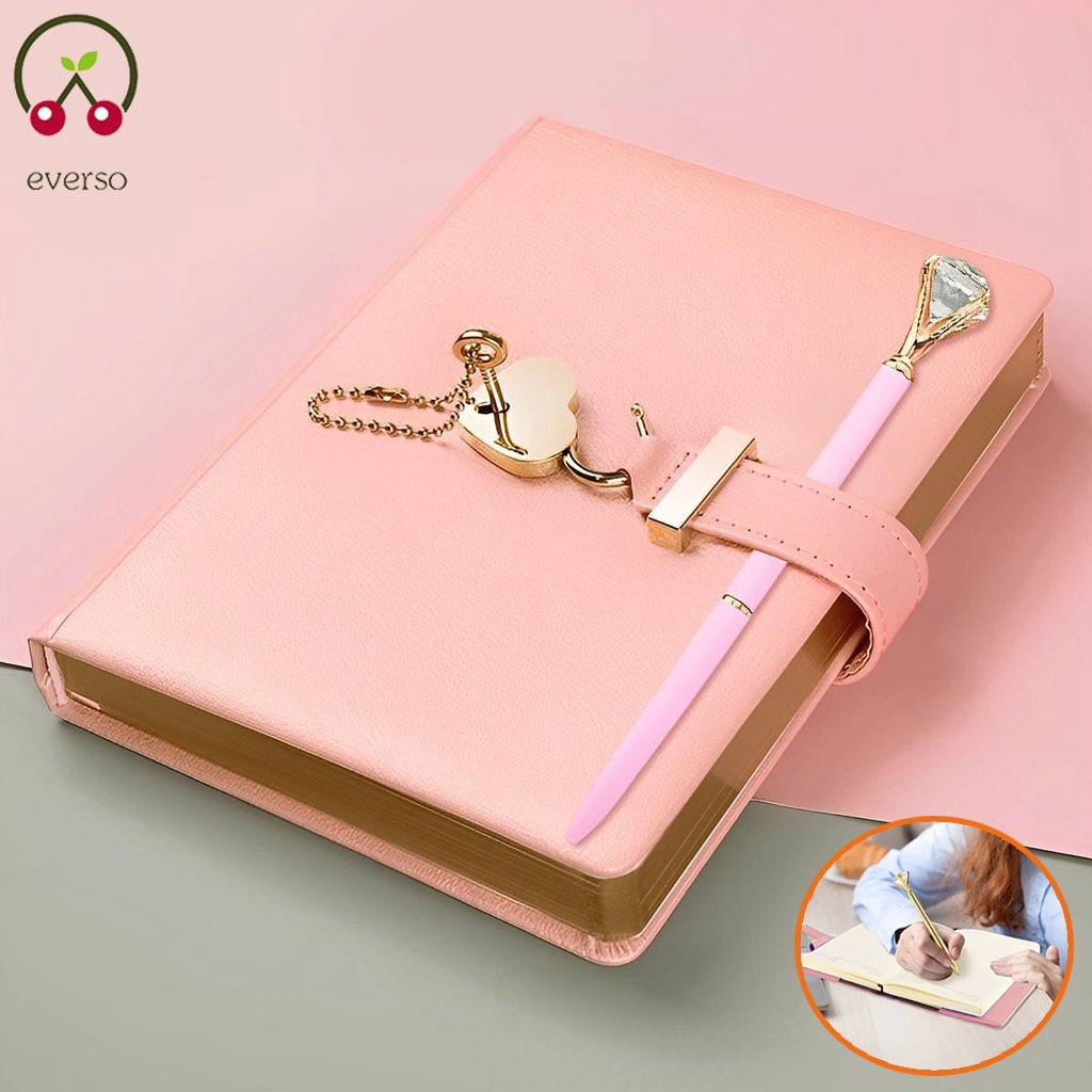 Heart Lock Diary 144 Sheet Elegant Secret Notebook PU Cover Personal Organizer Lockable Journal with Lock Key Diamond Pen