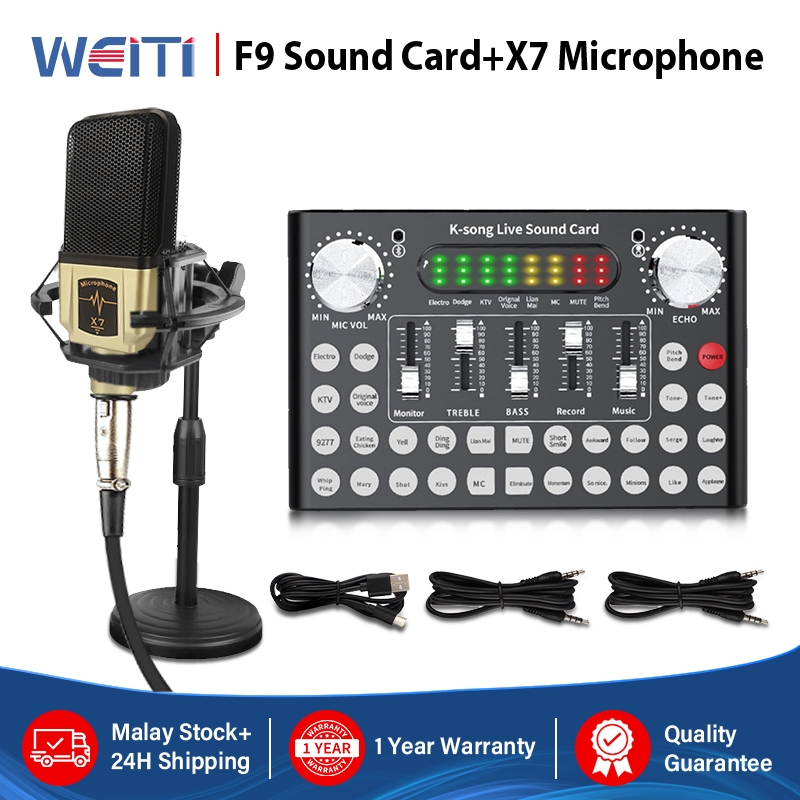 [Local Stock]X7 Microphone Condenser Microphone With F9 Sound Card For Bluetooth Mixer Audio Live  Recording  Professional Studio Live Radio Braodcast Singing Recording Karaoke KTV