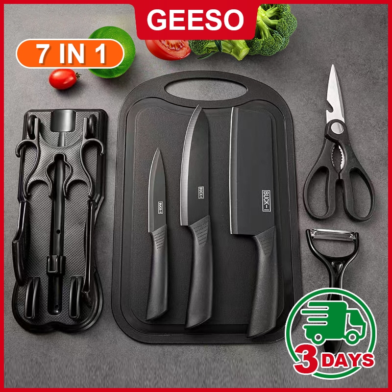 GEESO 7 in 1 Black Steel Nonstick Kitchen Knife Set Dapur Pisau Gunting Stainless Steel Kitchen Fruit Chef's Knife 黑钢刀具7件套