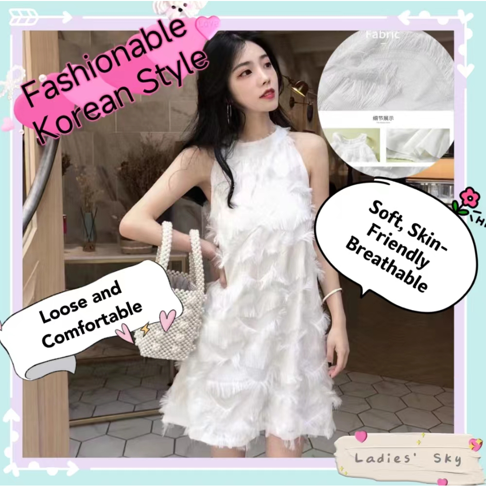 Sleeveless round neck chiffon mid-length dress Korean summer new fashion celebrity small fragrance strapless solid color sweet feather tassel casual loose dress