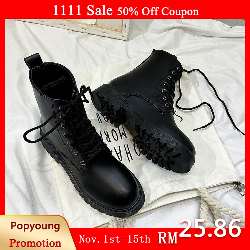 2024 Raya Malaysia Ready Stock kasut perempuan flat bottom Martin boots Winter boots INS versatile motorcycle boots short boots women's shoes