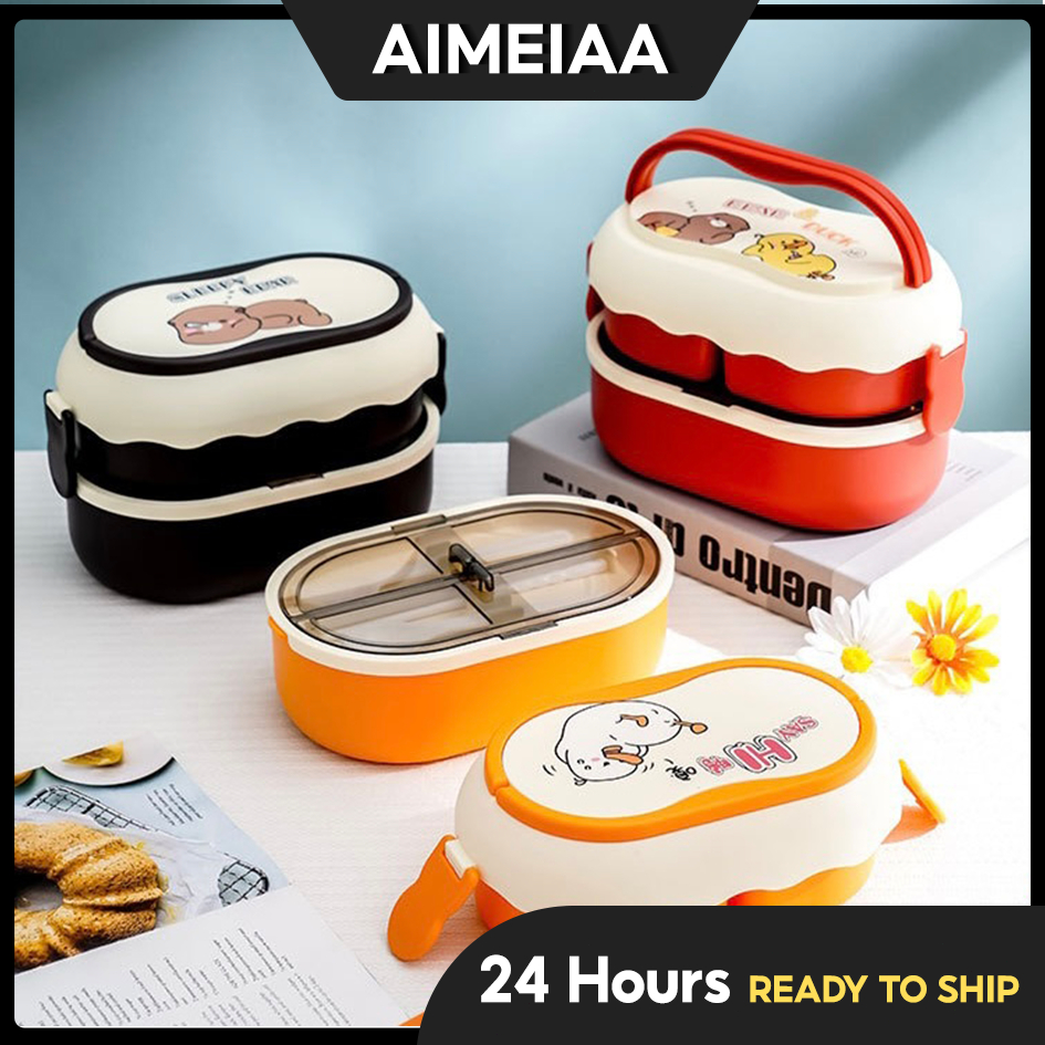 ❤️24hDouble-layer Compartment Portable Bento Lunch Box Food Container Storage Set 可爱抗菌饭盒便当盒 Kotak Bento