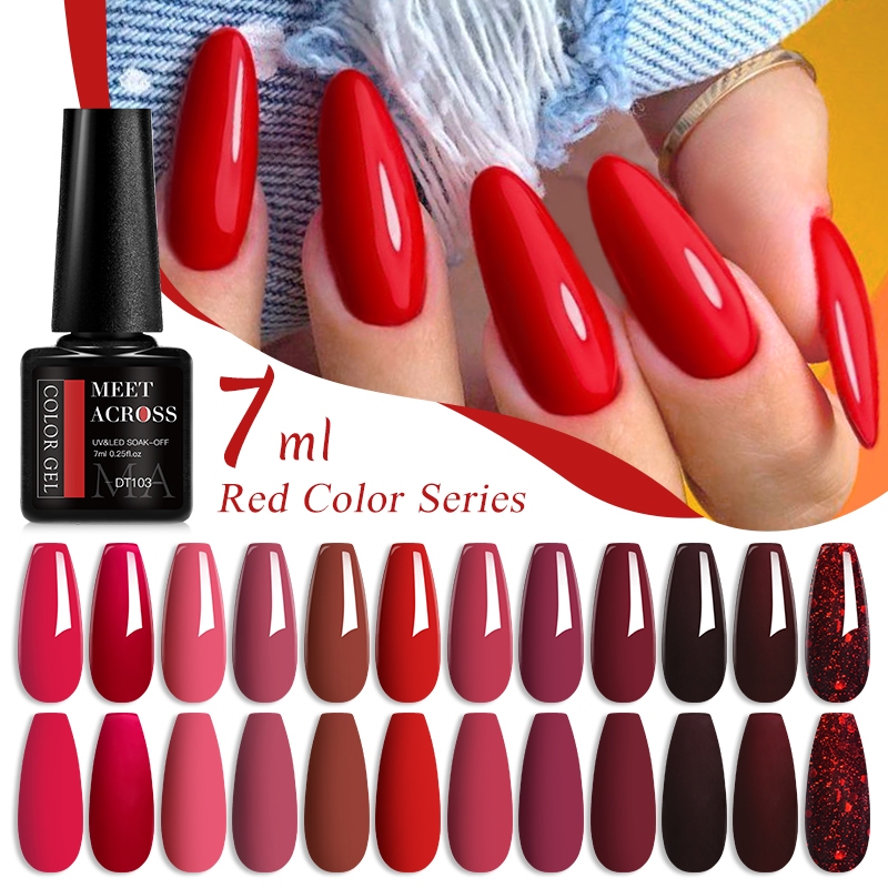 MEET ACROSS Red Gel Nail Polish For Manicure Autumn Color Nails Soak Off Uv Led Gel Nail Art Design (7ml)