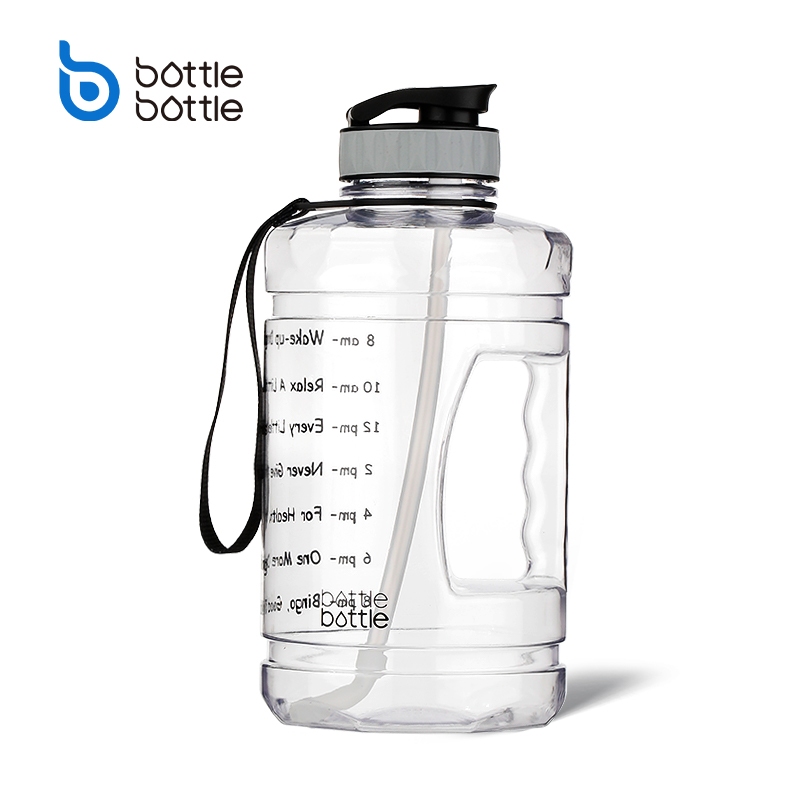 BOTTLE BOTTLE Half Gallon 64oz Water Bottle with Motivational Time Marker & Straw Wide Mouth Leakproof Portable Large Capacity Water Jug for Fitness Outdoor Sports