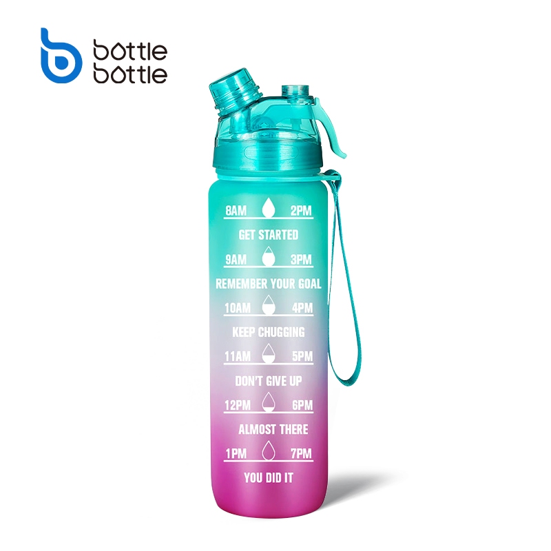 BOTTLE BOTTLE 32oz Water Bottle with Spray Mist, Motivational Water Bottle with Time Mark,Leakproof,Drink Bottle for Gym Outdoor Sport