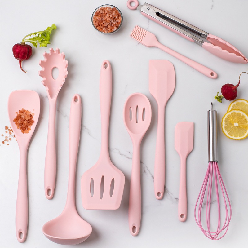 【Ready Stock】Cooking Tools Silicone Kitchenware Wooden Handle Non-stick Spatula Colander Food Clip Soup Spoon Pink Household Kitchen Accessories