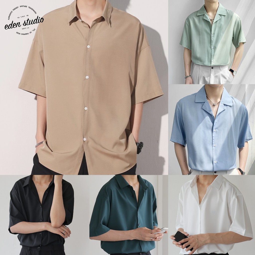 Malaysia SpotCOD Baju Kemeja lelaki Men Casual Shirt kemeja oversize lelaki Baju Half Sleeve V Neck Buttons Up Loose Korean Men Shirt Plain Simple Basic Pure Color Shirt Men's Solid Shirts Business Tops 男生衣服 Men's Clothing Plus Size Short Sleeve Kemeja