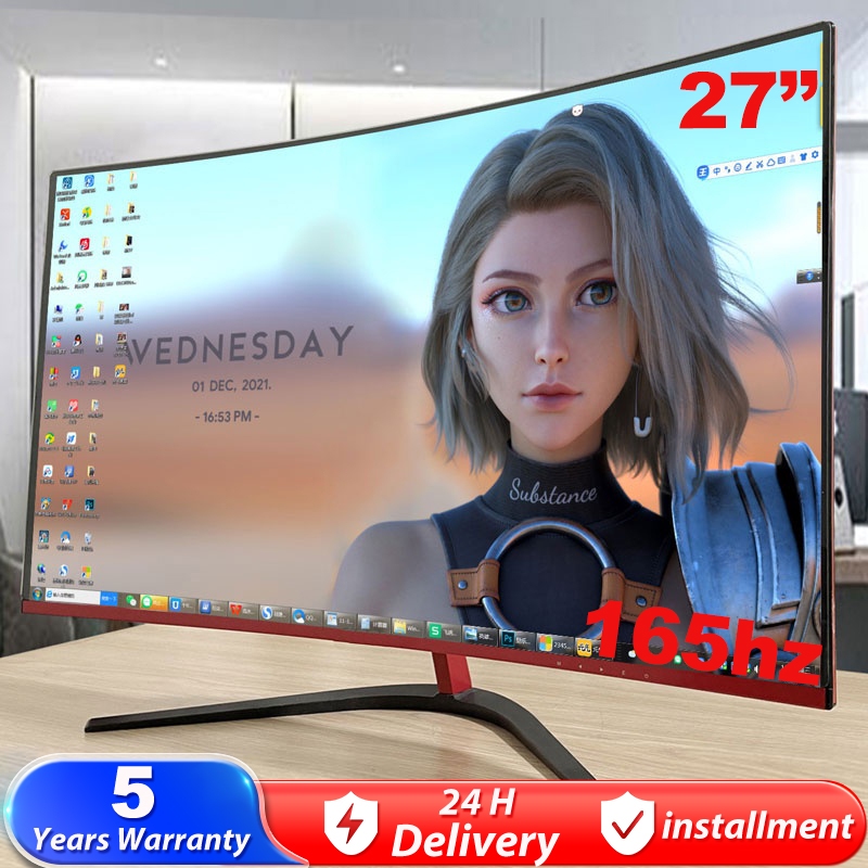 Monitor 27 Inch 165HZ Curve Gaming PC Frameless Computer Monitor Murah 1080P FHD HDMI Wide Screen Di