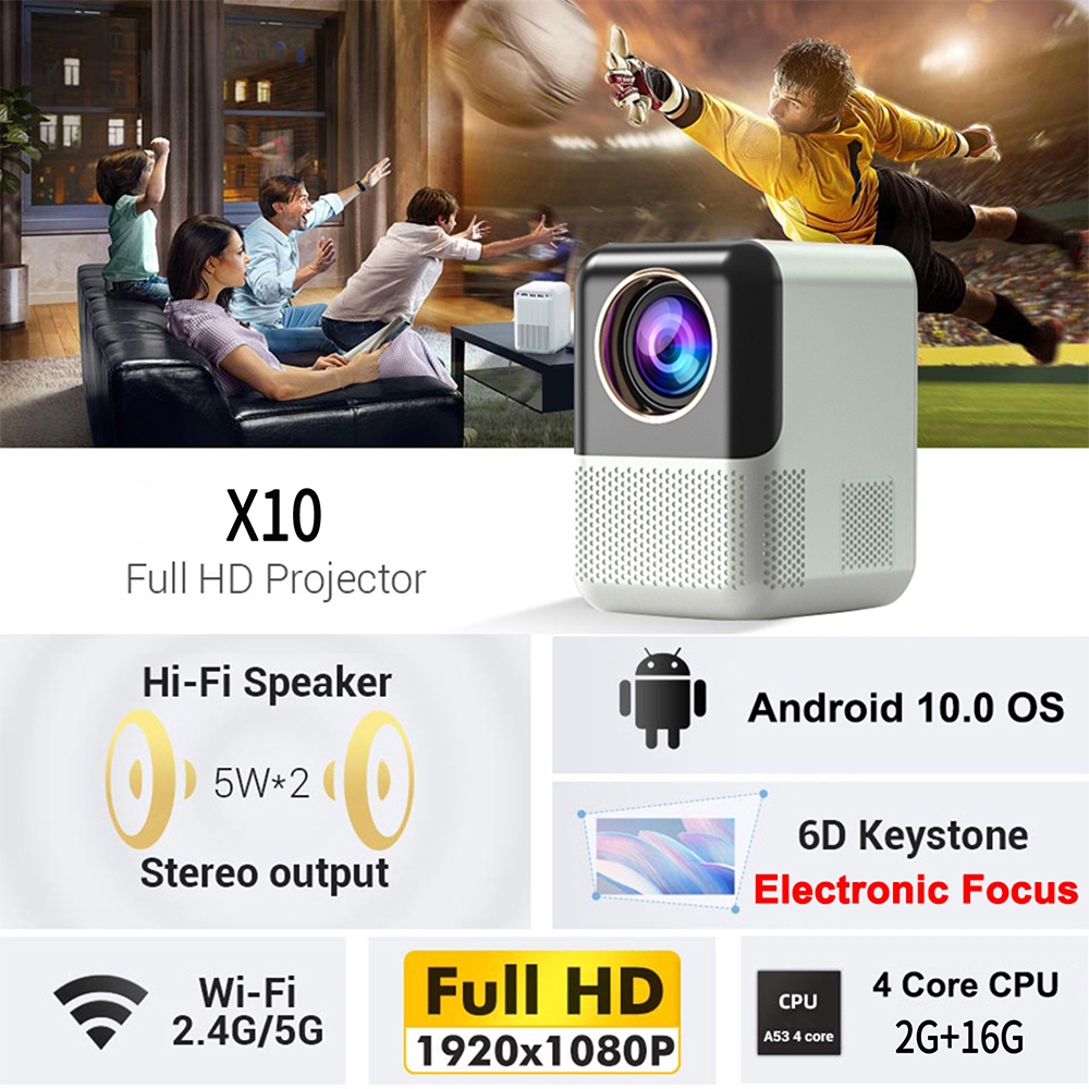 Projector Mini For Phone Android Smart Projektor Full HD1080P lonaisci HDMI 2+16G Portable Home Theater Wireless Bluetooth Proyektor X10 Laptop Projector Electric Focus Small Projector小型投影儀 安卓投影仪