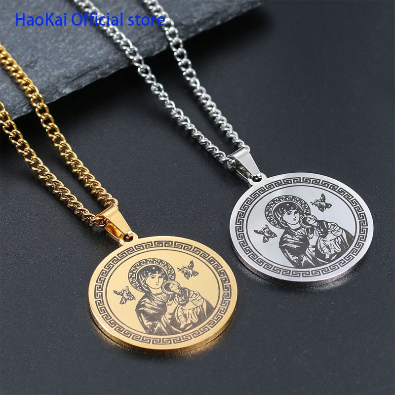 【Religious Necklace】Men and Women Vintage Stainless Steel Virgin Mary Round Pendant Personalized Religious Long Necklace Ornament