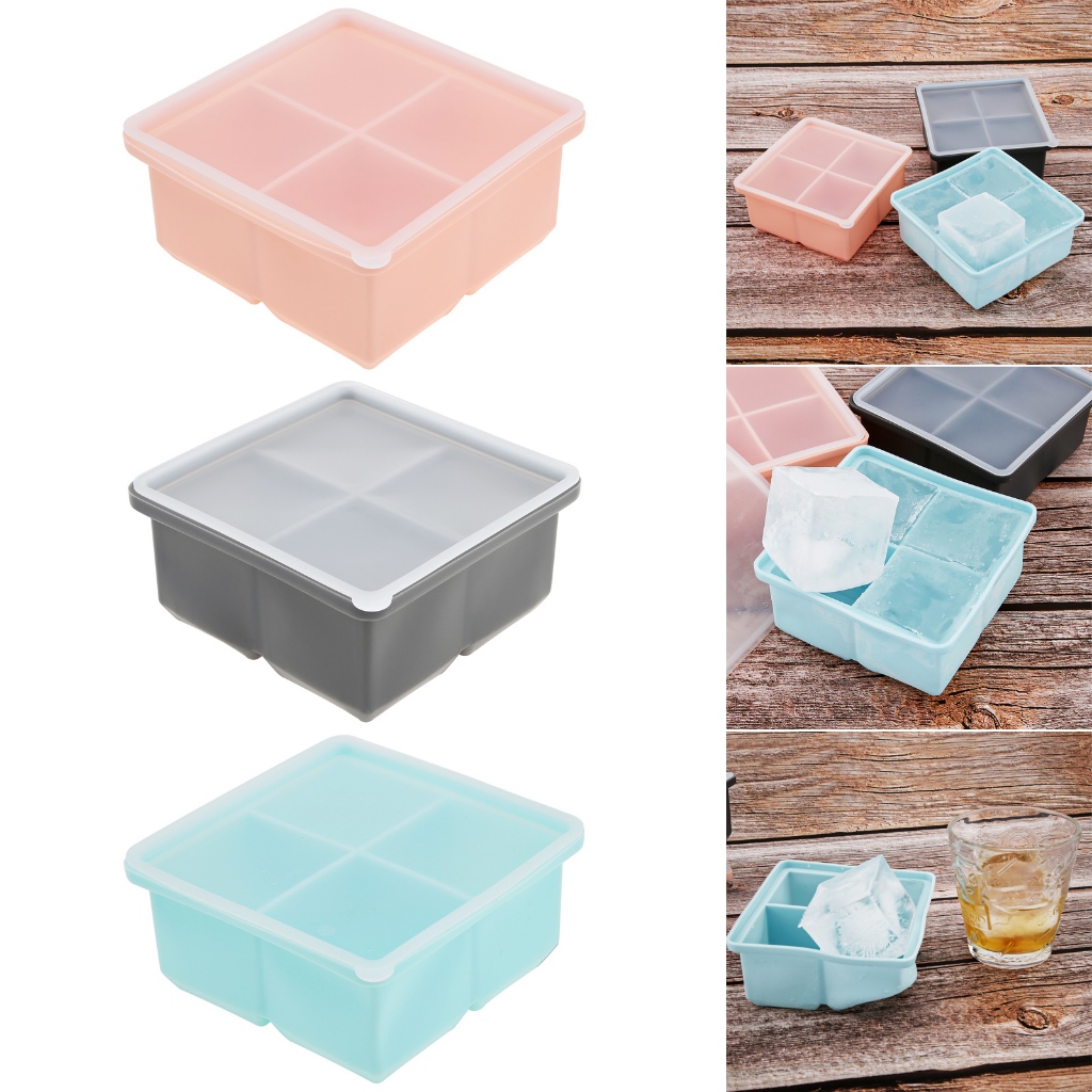 4 Grid Big Cube Jumbo Large Silicone Ice Cube with Sealing Cover Square Tray Mould Ice Cube Maker Kitchen Accessories