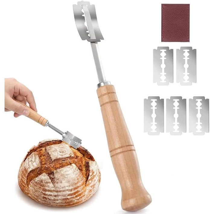 Premium Hand Crafted Bread Lame for Dough Scoring Knife, Tool Sourdough Slashing with 5 Blades Included Replacement Authentic Leather Protector Cover