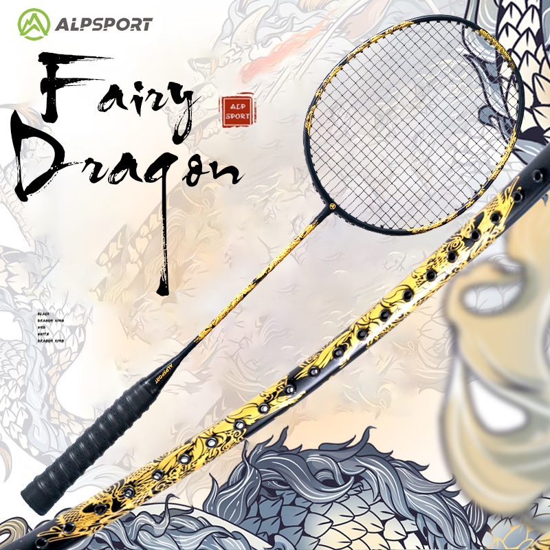 ALPSPORT DRAGON Advent 4U 26LBS Offensive Badminton Racket Single With Bag Relief Sculpture Technique Gold Black Raket Strung 100% Original Design Full Carbon Fiber Rocket For Student Beginners Amateu