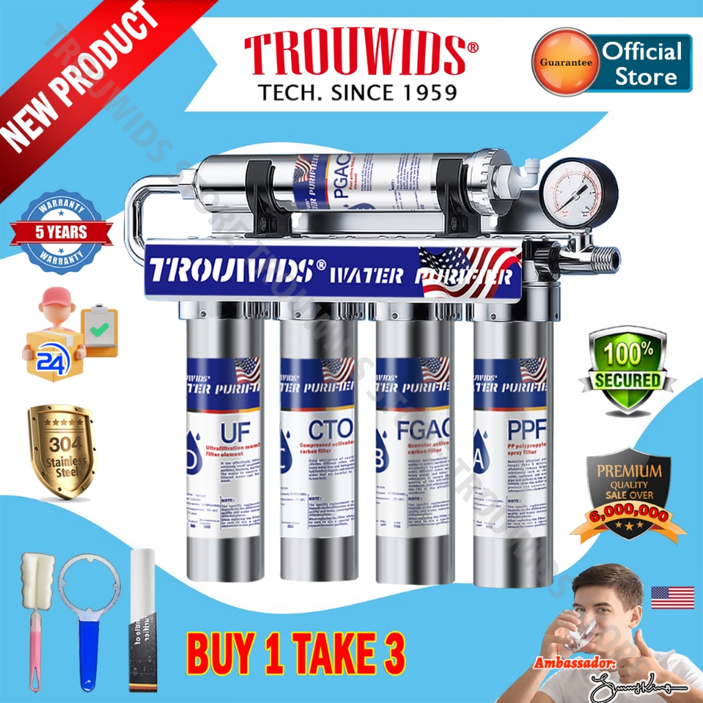 TROUWIDS Indoor Water Filter Tap Stainless Steel Faucet Penapis Air Alkaline Water Purifier