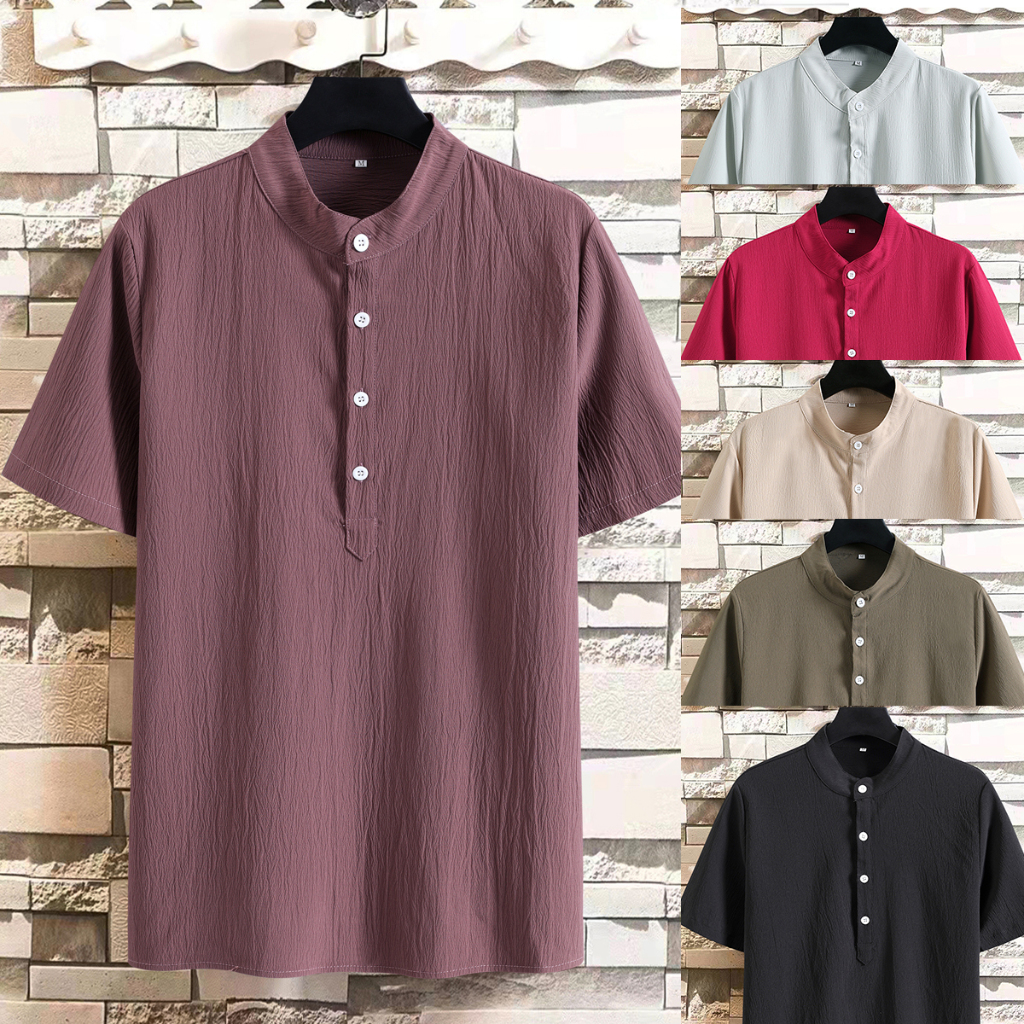 Kemeja Kurta Lelaki Baju Raya Cotton Linen Shirts kurta lengan pendek Purple Casual Men's Short Sleeves Korean