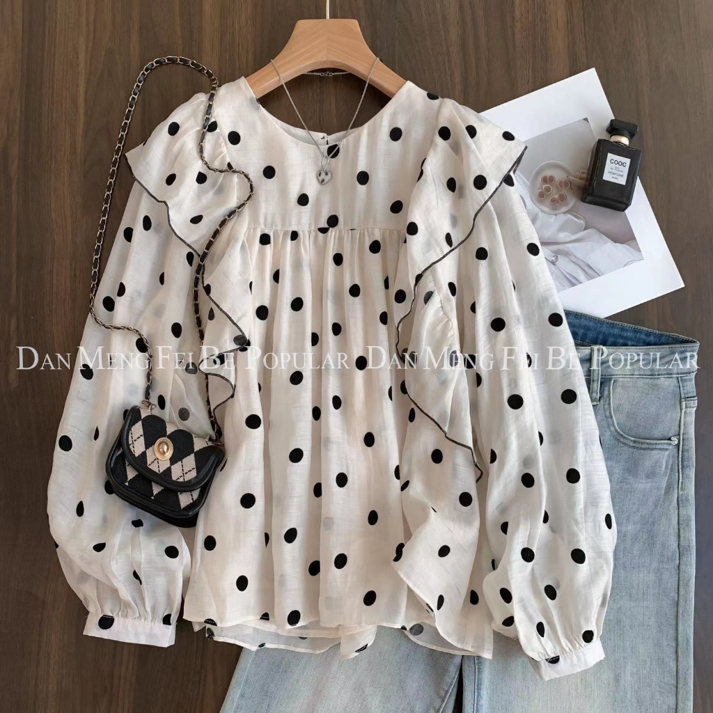 Korea Women Fashion Polka dots retro long sleeve loose round collar ruffle blouse