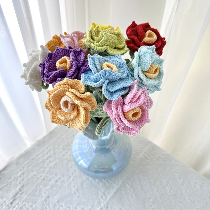 1pc Knitted Rose Flower Hand Knitting Crochet Fake Woven Flower Valentine's Day Boyfriend Girlfriend Gifts Wedding Party Decoration