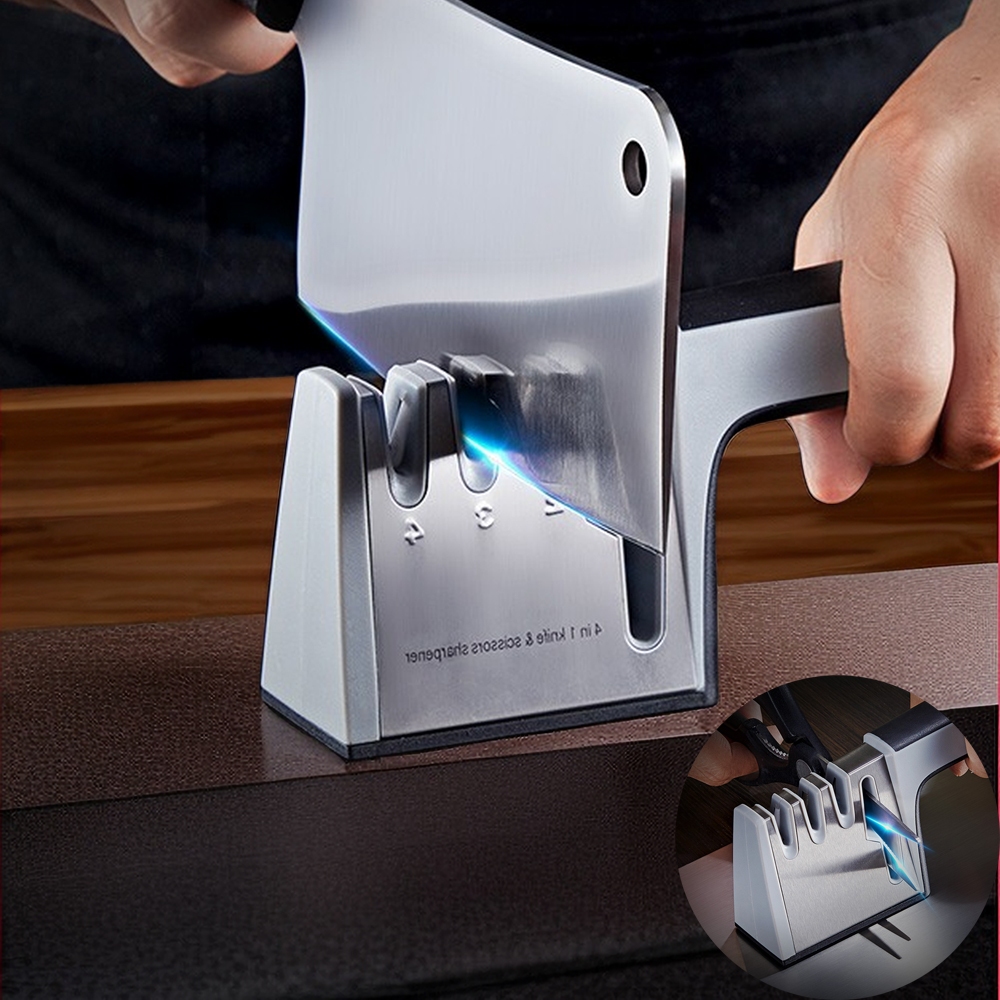 Quick Sharp Knife Sharpener, pengasah pisau : Professional Home Kitchen Counter Knife Sharpener, Manual Tungsten Steel with Scissor Slot, Three-stage Durable Stainless Steel, Easy Grip Handheld Outdoor Knife Sharpener