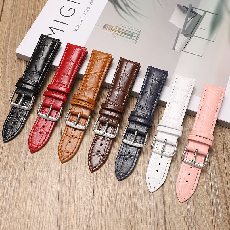 Genuine Leather Watch Strap with Bamboo Knot Pattern Universal Replacement Watchband Black Brown Blue Red White Pink 12-24mm