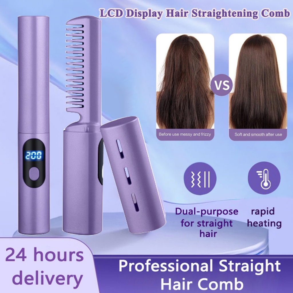 【24 hours delivery】Rechargeable Portable LCD Display Mini Hair Straightening Comb Negative Ion Hair Care Hair Straightener Student Dormitory Dual Hair Straightening Tool Roll