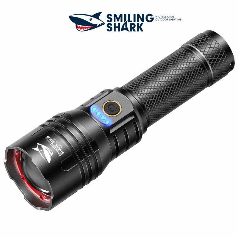Smiling Shark SD7009 Powerful Torch Light 10000 Lumens Super Bright Led M80 Police Flashlight Portable 26650 Type-C Rechargeable Zoomable Water Proof Lampu Suluh Terang Jarak Jauh Outdoor Hiking Hunting Touchlight