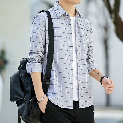 Men‘s Grey Checked Shirt Long Sleeve Shirt Slim Fit Striped Casual Shirts Business Plaid Shirt