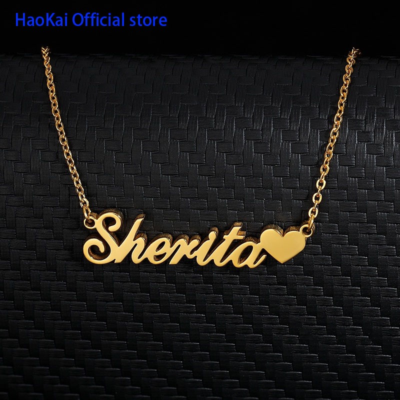 【Name Custom Necklace】HaoKai Stainless Steel Choker Custom Name Necklace Personalized Jewelry Nameplate Pendant