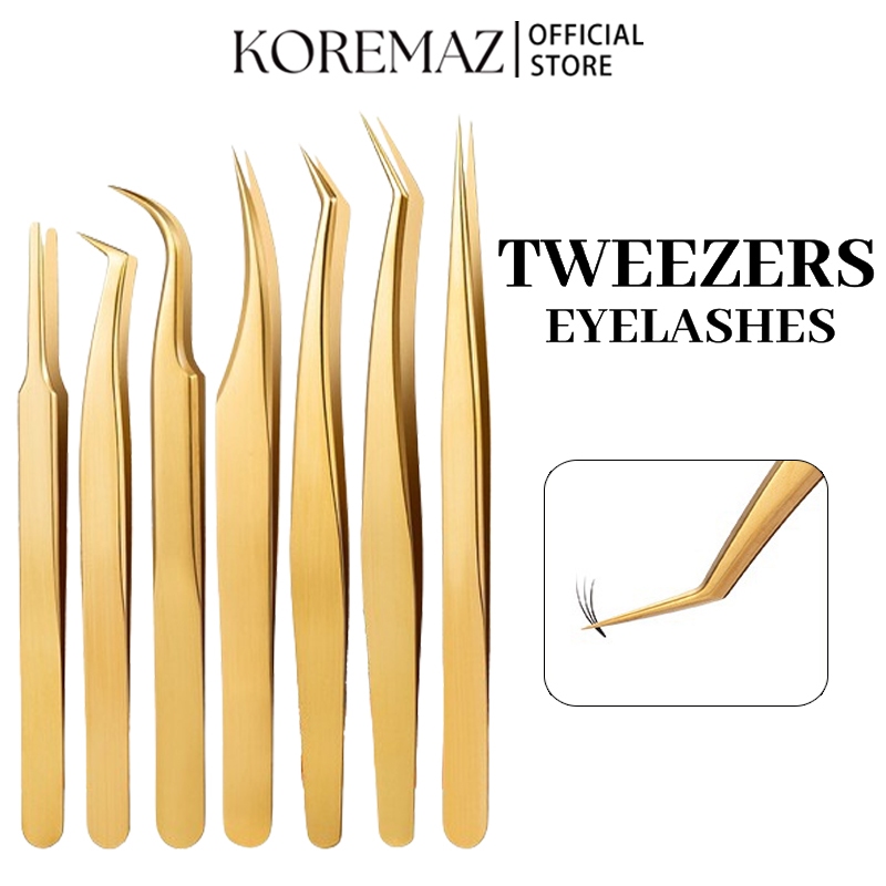 KOREMAZ Gold Stainless Steel Curved Straight Eyelash Tweezers Makeup Eyelash Extension Repair Tool