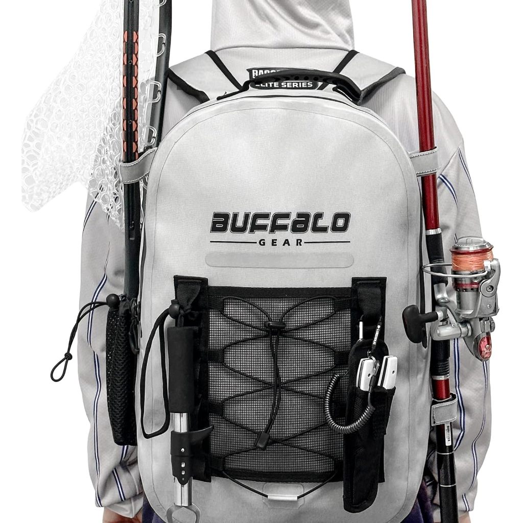 Buffalo Gear Waterproof Fishing Backpack with Rod Holder, 26L Fly Fishing Backpack, Fishing Tackle Storage Backpack with Airtight Zipper