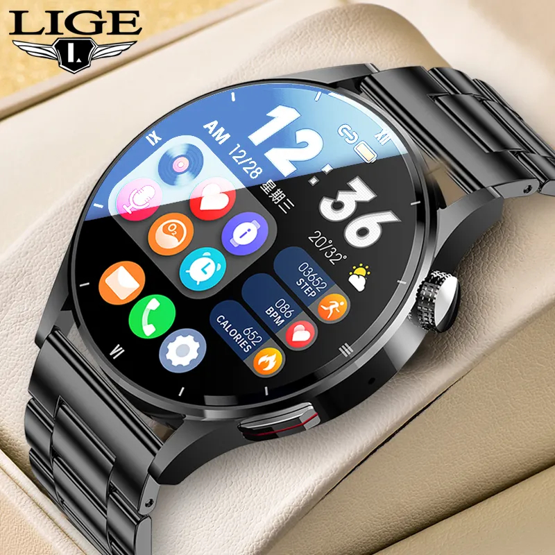 LIGE Smart Watch Men AMOLED HD Screen Body Temperature Detection Ai Smart Voice Sport Waterproof Smartwatch Bluetooth Call SmartWrist For Android And IOS