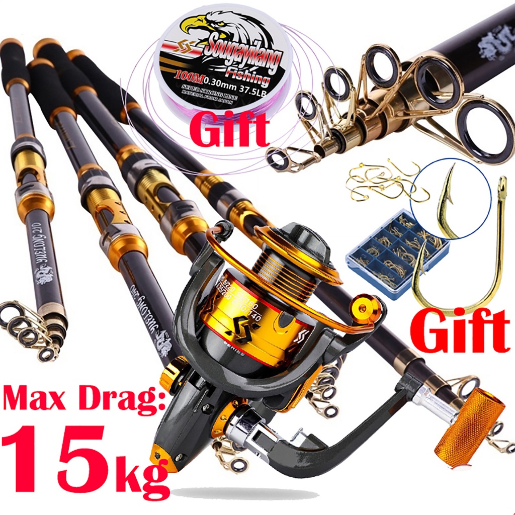 Set Telescopic Fishing rod Carbon Fiber 2.1/3.0m and Spinning Fishing Reel Smooth 12BB 5.2:1 High Speed Jigging Reel Drag Clicker Spinning Reel