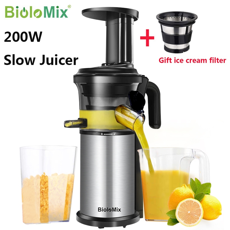 BioloMix 200W Stainless Steel Masticating Auger Slow Juicer Fruit Vegetable Cold Press Juice Extractor with Ice Filter