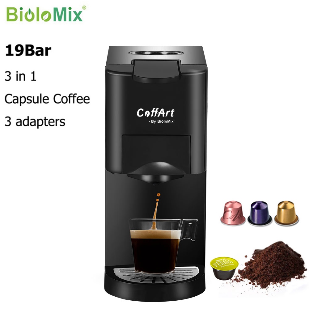 BioloMix 3-In-1 Capsule Espresso Coffee Maker Machine with 3 Adapters (1450W / 19 Bar) For Nespresso Capsule&Dolce Gusto Capsule&Coffee Powder Mesin kopi kapsul 膠囊咖啡機