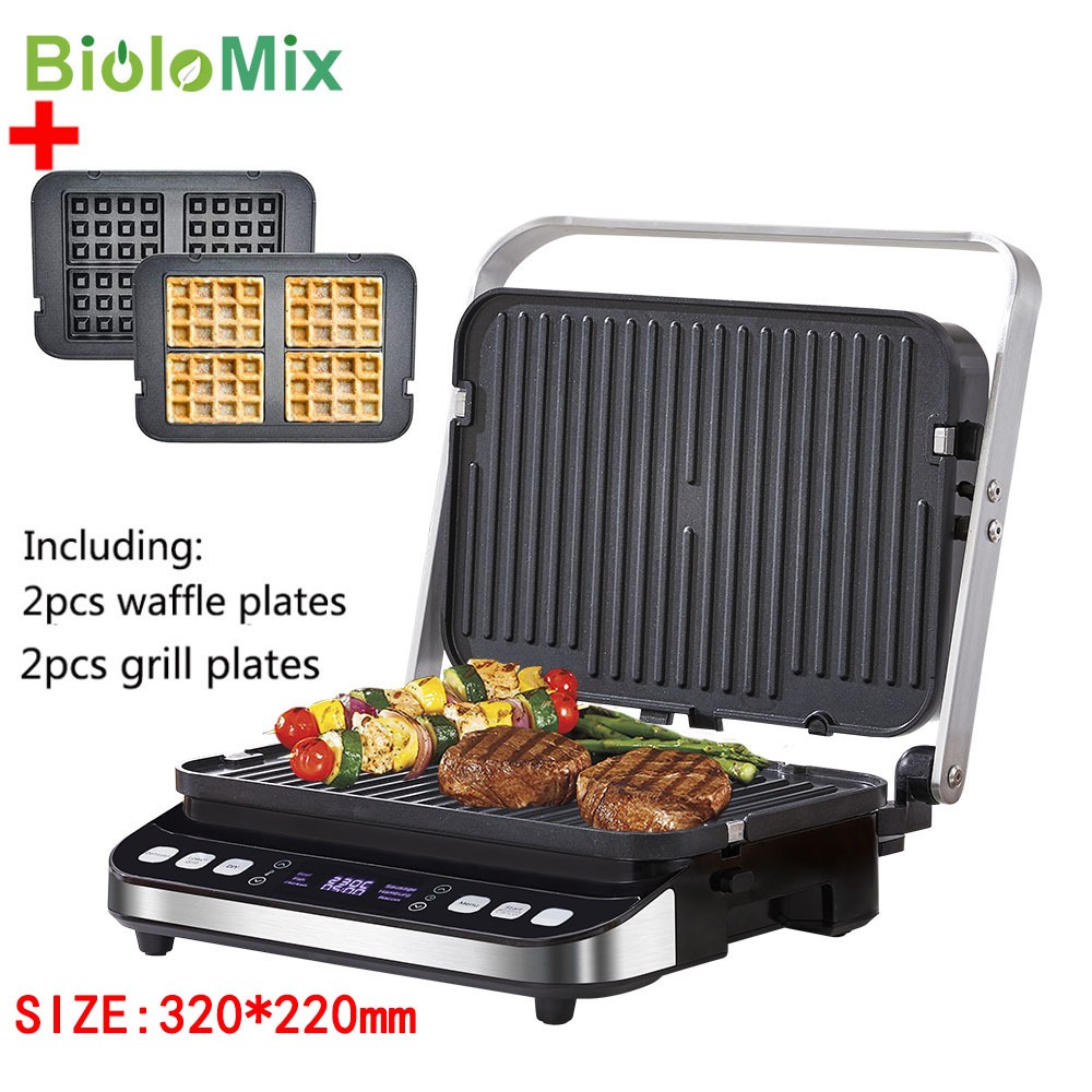 BioloMix Non-Stick Stainless Steel Electric Home Contact Grill Griddle DIY Food BBQ Sandwich Waffle Maker Machine (4pcs Plate/2000W) 电烤盘 烤肉机