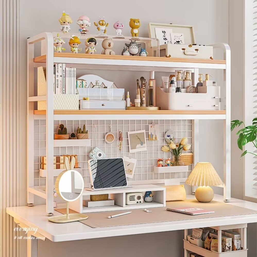 With grid bookshelf desk storage rack desktop multi-layer wrought iron shelf student computer desk table hole board