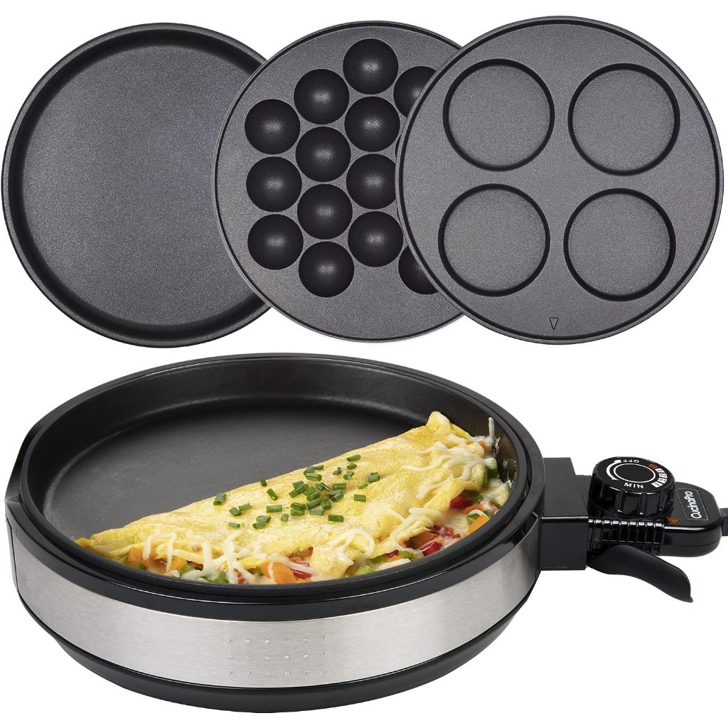 Multi Baker Deluxe- Easy Holiday Baking- Electric Appliance w Temp Control, 3 Skillets for Grilling Baking or Dessert Making- Grilled Cheese Omelets Pizza, Sandwiches, Cake Pops