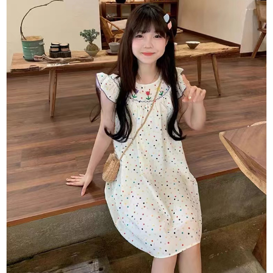 Girls Embroidered Dress 2023 Summer Style Children Colorful Polka Dot Pure Cotton Flying Sleeve Princess