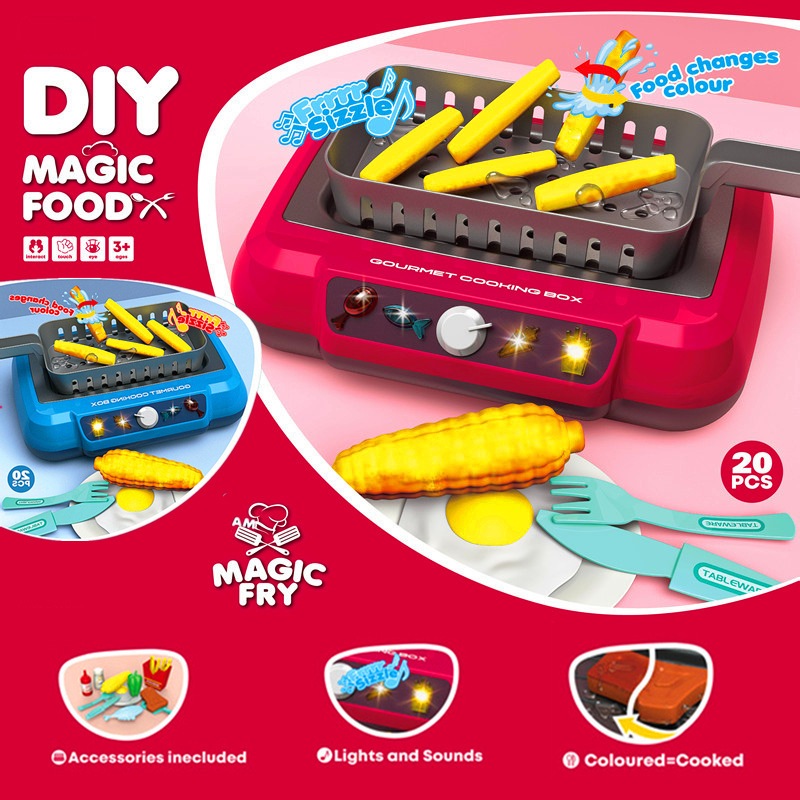 CUTE STONE Pretend Play Kitchen Set with Color-Changing Electric Fryer-Skillet Toy, Realistic Light & Sound, Play Food & Kitchen Accessories, French Fry Basket – Ideal Gift for Boy